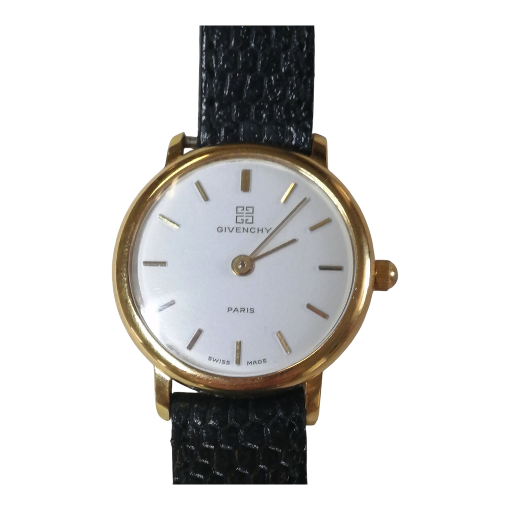 Givenchy Gold Tone Case White Dial Black Leather Strap Minimalist Watch Vintage